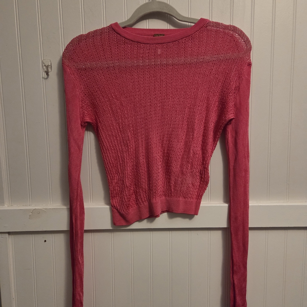 Free People H2O Crew Neck Sheer Hibicus Pink Knit Top